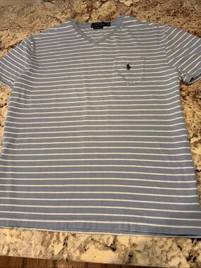 Polo by Ralph Lauren Light Blue and White Striped Pocket Tee with Navy Pony